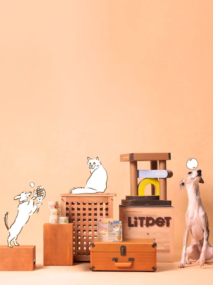 LitPet products styled with illustrated dog and cat on a warm peach backdrop
